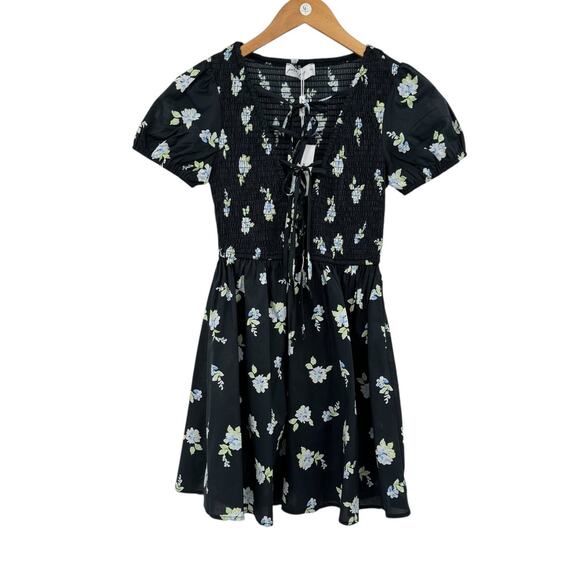 Petal + Pup NWT Winny Black Floral Open Tie Front Smocked Cotton Mini Dress - Picture 8 of 15